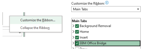 Customize Ribbon showing EBM Office Bridge