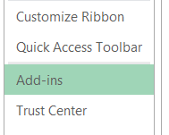Add-ins management screen