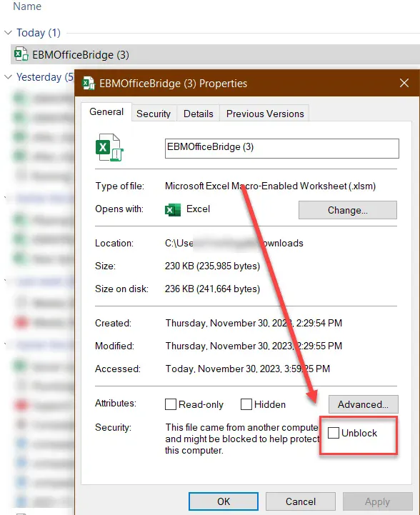 File Properties showing Unblock checkbox
